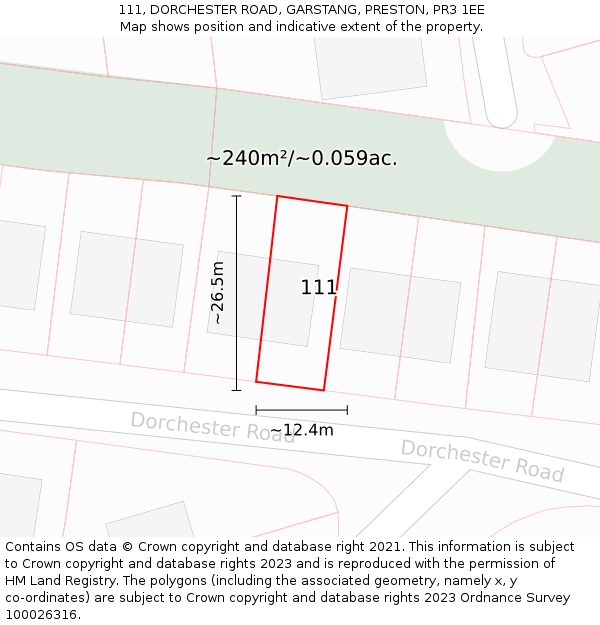 111, DORCHESTER ROAD, GARSTANG, PRESTON, PR3 1EE: Plot and title map