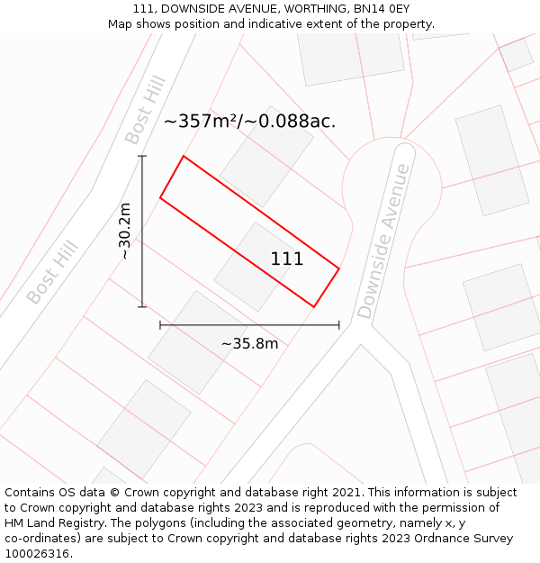 111, DOWNSIDE AVENUE, WORTHING, BN14 0EY: Plot and title map