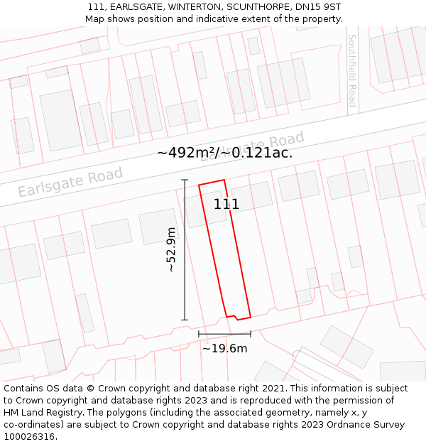 111, EARLSGATE, WINTERTON, SCUNTHORPE, DN15 9ST: Plot and title map