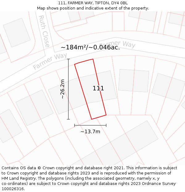 111, FARMER WAY, TIPTON, DY4 0BL: Plot and title map