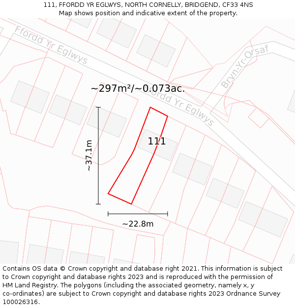 111, FFORDD YR EGLWYS, NORTH CORNELLY, BRIDGEND, CF33 4NS: Plot and title map