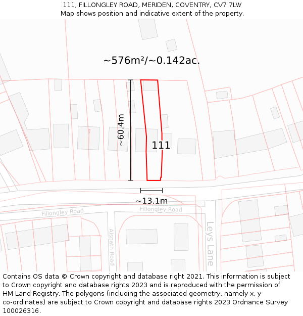 111, FILLONGLEY ROAD, MERIDEN, COVENTRY, CV7 7LW: Plot and title map
