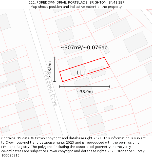 111, FOREDOWN DRIVE, PORTSLADE, BRIGHTON, BN41 2BF: Plot and title map