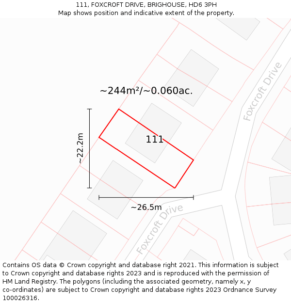 111, FOXCROFT DRIVE, BRIGHOUSE, HD6 3PH: Plot and title map