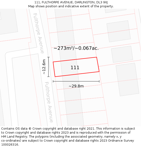 111, FULTHORPE AVENUE, DARLINGTON, DL3 9XJ: Plot and title map