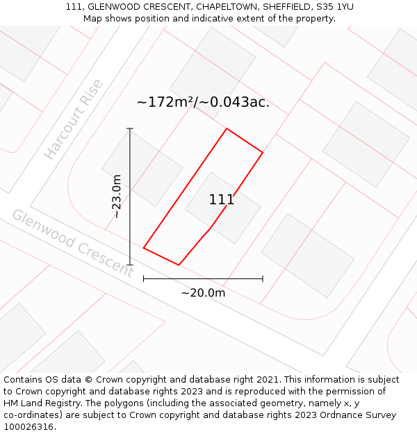 111, GLENWOOD CRESCENT, CHAPELTOWN, SHEFFIELD, S35 1YU: Plot and title map
