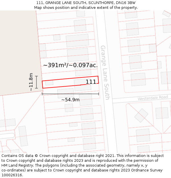 111, GRANGE LANE SOUTH, SCUNTHORPE, DN16 3BW: Plot and title map