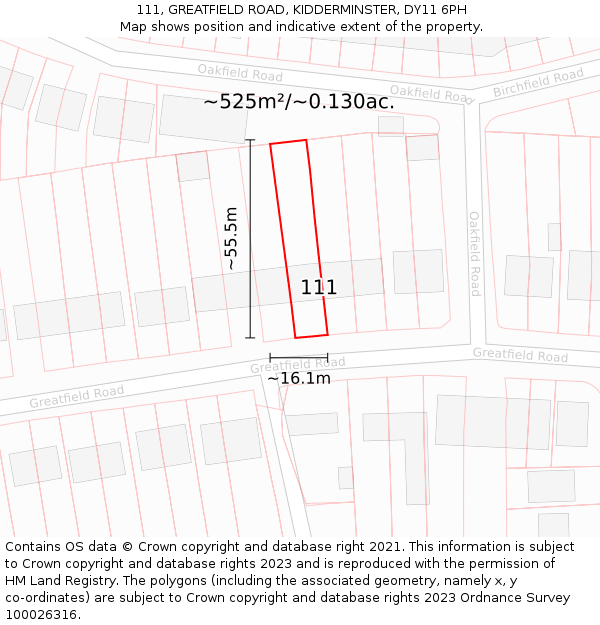 111, GREATFIELD ROAD, KIDDERMINSTER, DY11 6PH: Plot and title map