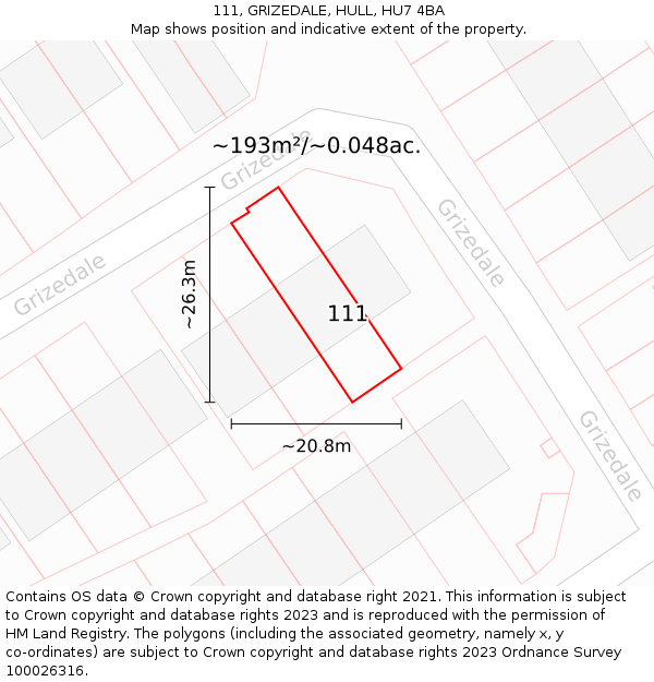 111, GRIZEDALE, HULL, HU7 4BA: Plot and title map