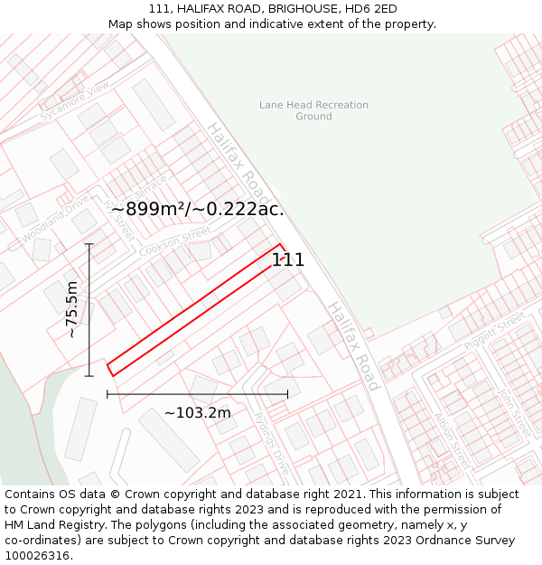 111, HALIFAX ROAD, BRIGHOUSE, HD6 2ED: Plot and title map