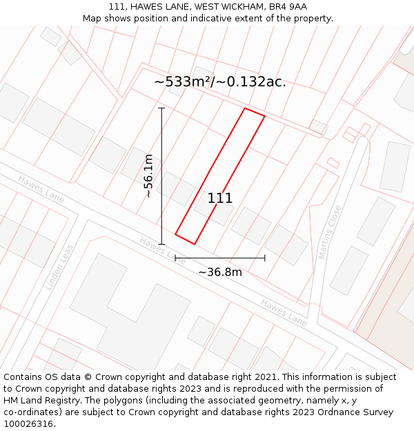 111, HAWES LANE, WEST WICKHAM, BR4 9AA: Plot and title map