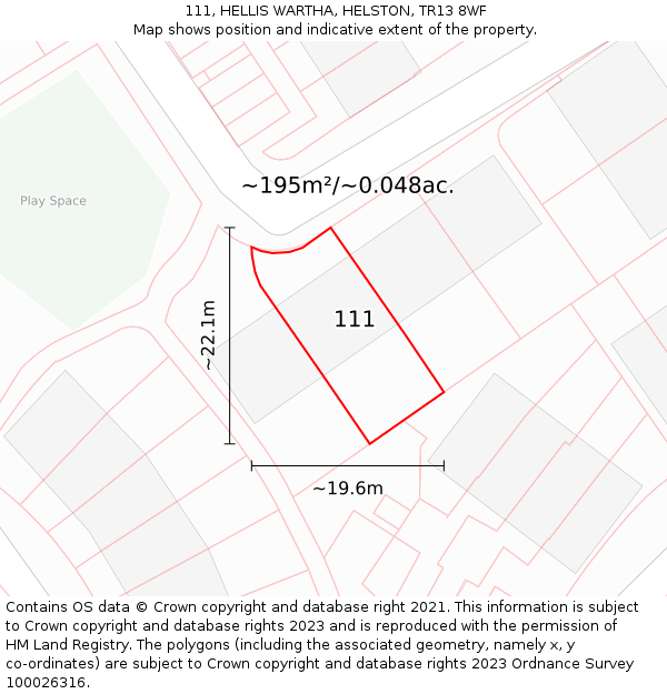 111, HELLIS WARTHA, HELSTON, TR13 8WF: Plot and title map