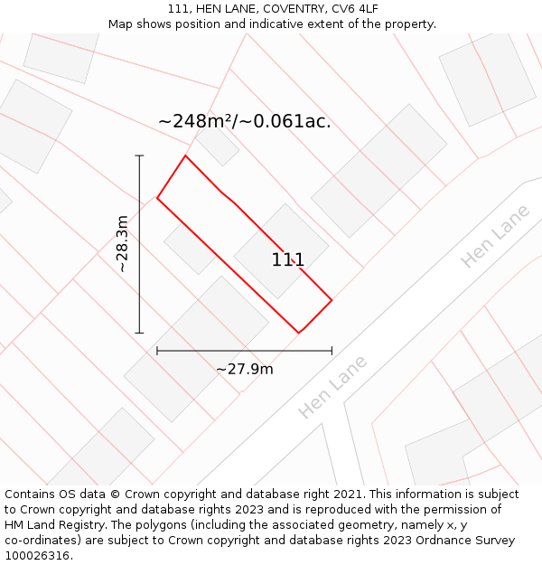 111, HEN LANE, COVENTRY, CV6 4LF: Plot and title map