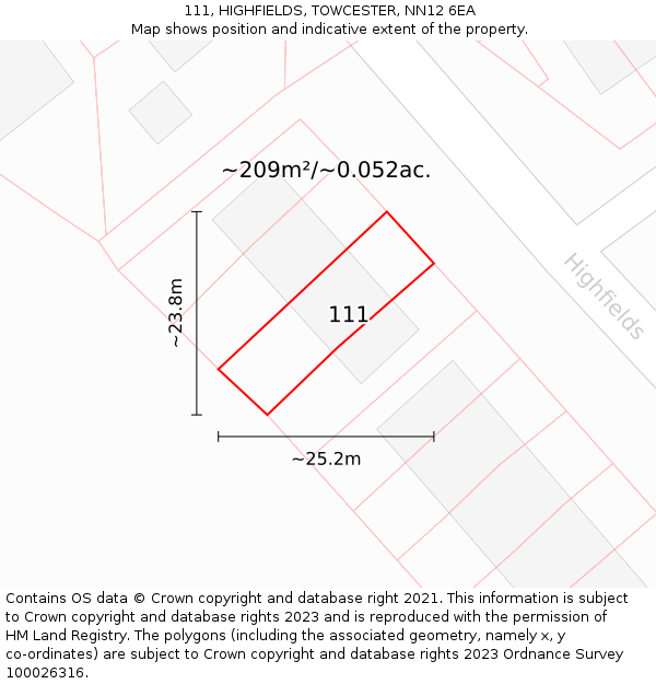 111, HIGHFIELDS, TOWCESTER, NN12 6EA: Plot and title map