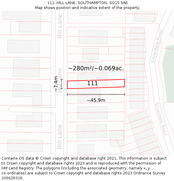 111, HILL LANE, SOUTHAMPTON, SO15 5AE: Plot and title map