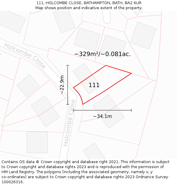 111, HOLCOMBE CLOSE, BATHAMPTON, BATH, BA2 6UR: Plot and title map