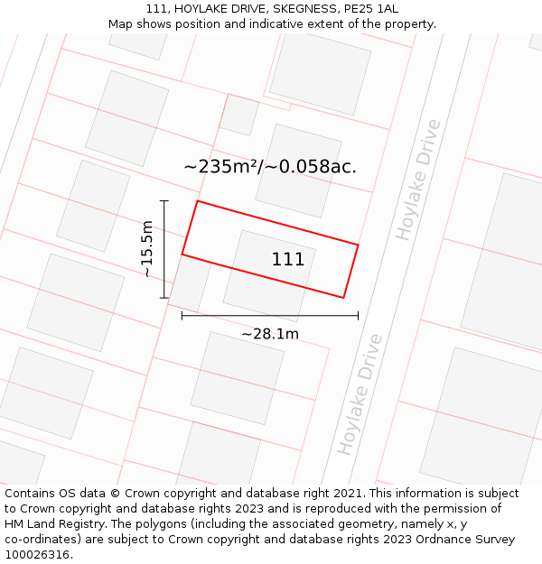 111, HOYLAKE DRIVE, SKEGNESS, PE25 1AL: Plot and title map