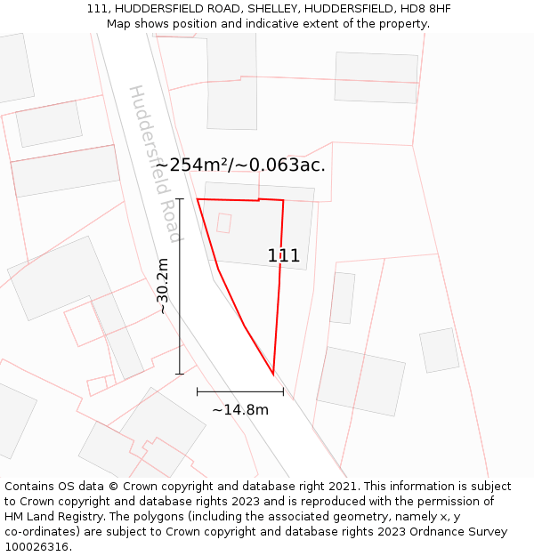 111, HUDDERSFIELD ROAD, SHELLEY, HUDDERSFIELD, HD8 8HF: Plot and title map