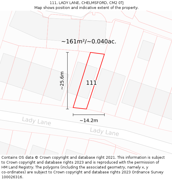 111, LADY LANE, CHELMSFORD, CM2 0TJ: Plot and title map