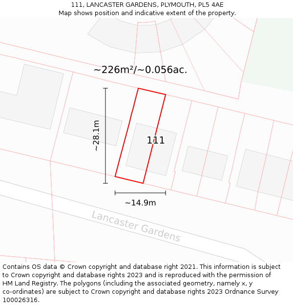 111, LANCASTER GARDENS, PLYMOUTH, PL5 4AE: Plot and title map