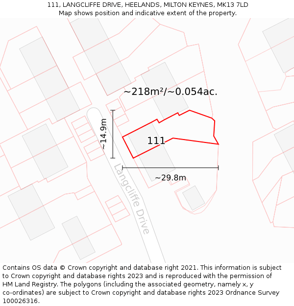 111, LANGCLIFFE DRIVE, HEELANDS, MILTON KEYNES, MK13 7LD: Plot and title map