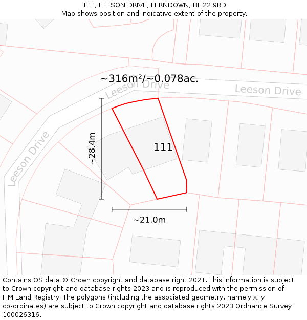 111, LEESON DRIVE, FERNDOWN, BH22 9RD: Plot and title map