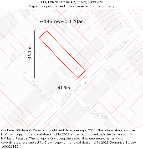 111, LONGFIELD ROAD, TRING, HP23 4DE: Plot and title map