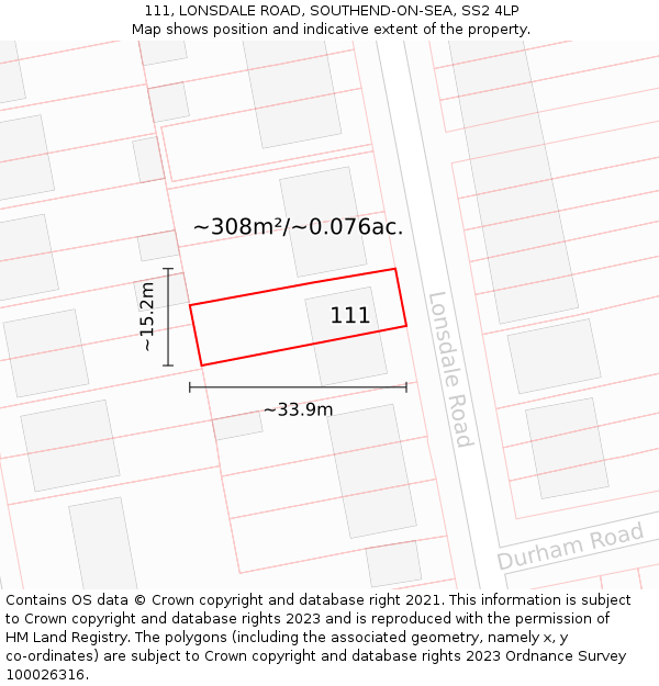 111, LONSDALE ROAD, SOUTHEND-ON-SEA, SS2 4LP: Plot and title map