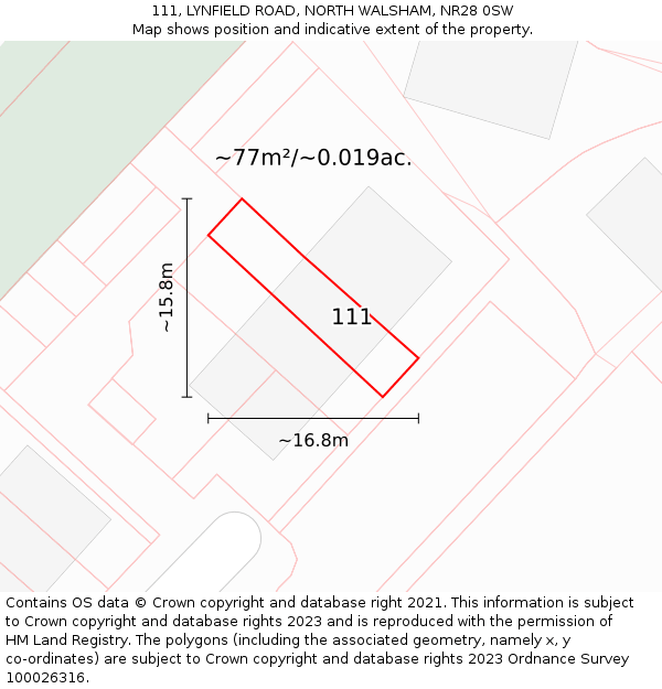 111, LYNFIELD ROAD, NORTH WALSHAM, NR28 0SW: Plot and title map