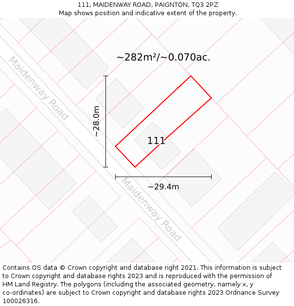 111, MAIDENWAY ROAD, PAIGNTON, TQ3 2PZ: Plot and title map