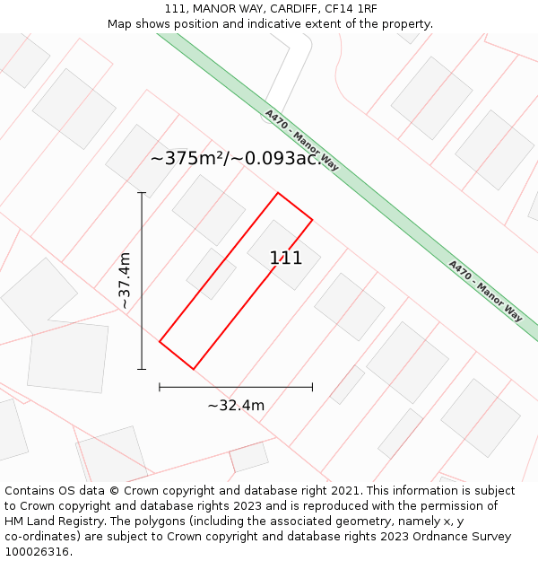 111, MANOR WAY, CARDIFF, CF14 1RF: Plot and title map