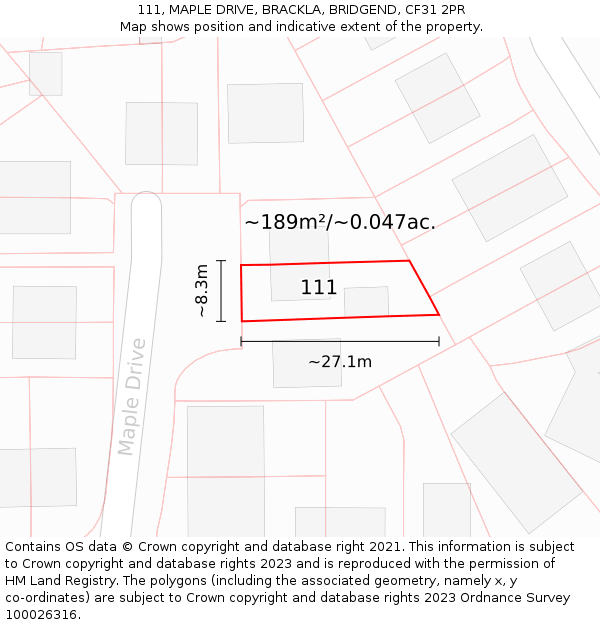 111, MAPLE DRIVE, BRACKLA, BRIDGEND, CF31 2PR: Plot and title map