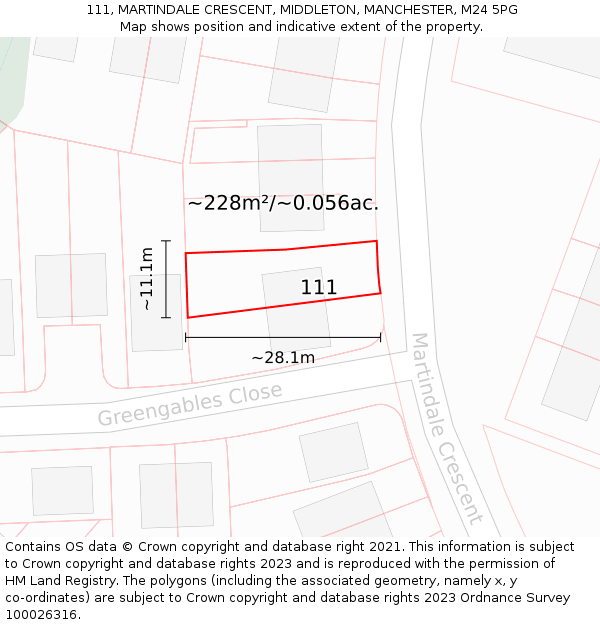 111, MARTINDALE CRESCENT, MIDDLETON, MANCHESTER, M24 5PG: Plot and title map