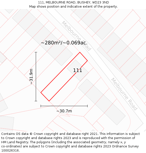 111, MELBOURNE ROAD, BUSHEY, WD23 3ND: Plot and title map
