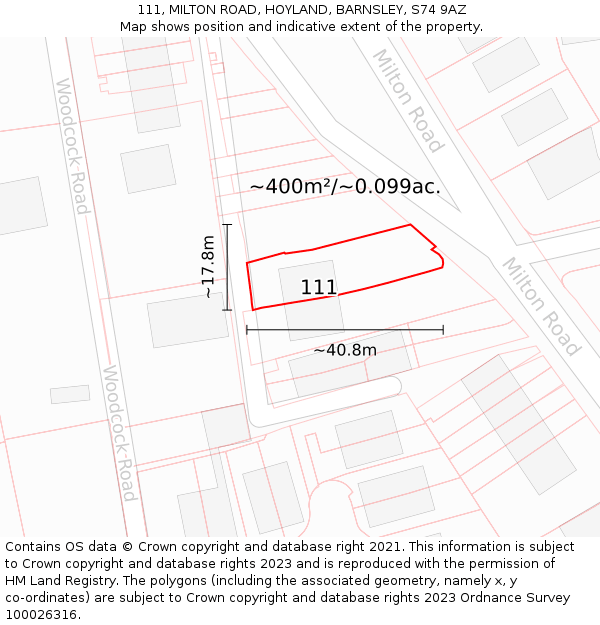 111, MILTON ROAD, HOYLAND, BARNSLEY, S74 9AZ: Plot and title map
