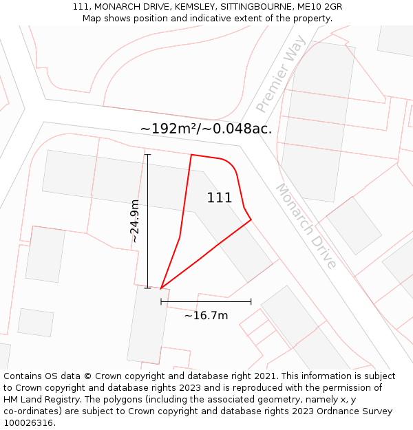 111, MONARCH DRIVE, KEMSLEY, SITTINGBOURNE, ME10 2GR: Plot and title map