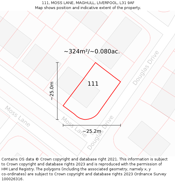 111, MOSS LANE, MAGHULL, LIVERPOOL, L31 9AF: Plot and title map