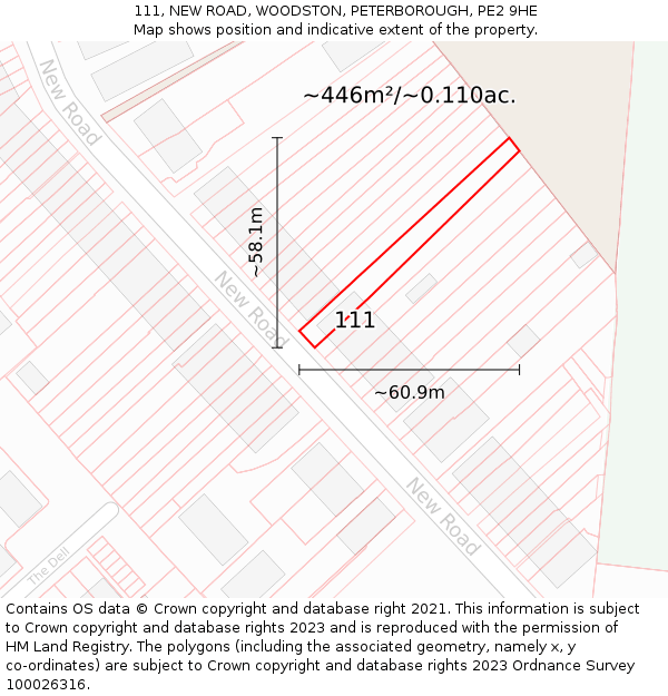 111, NEW ROAD, WOODSTON, PETERBOROUGH, PE2 9HE: Plot and title map