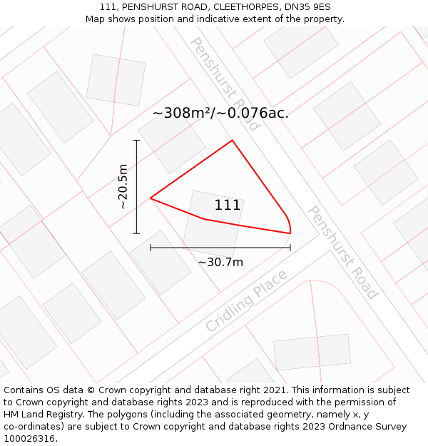 111, PENSHURST ROAD, CLEETHORPES, DN35 9ES: Plot and title map