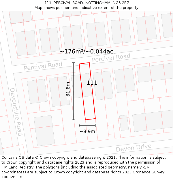 111, PERCIVAL ROAD, NOTTINGHAM, NG5 2EZ: Plot and title map