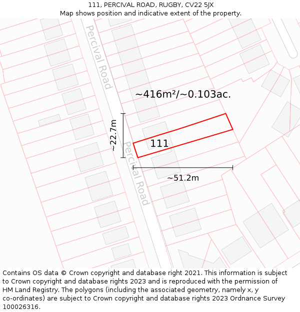 111, PERCIVAL ROAD, RUGBY, CV22 5JX: Plot and title map