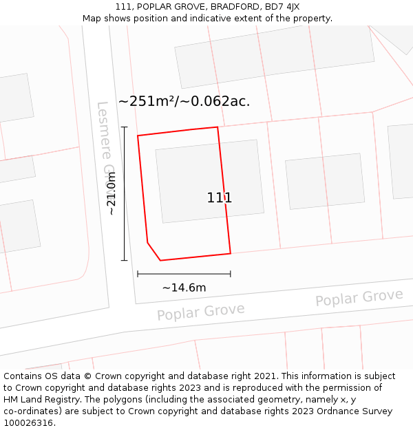 111, POPLAR GROVE, BRADFORD, BD7 4JX: Plot and title map