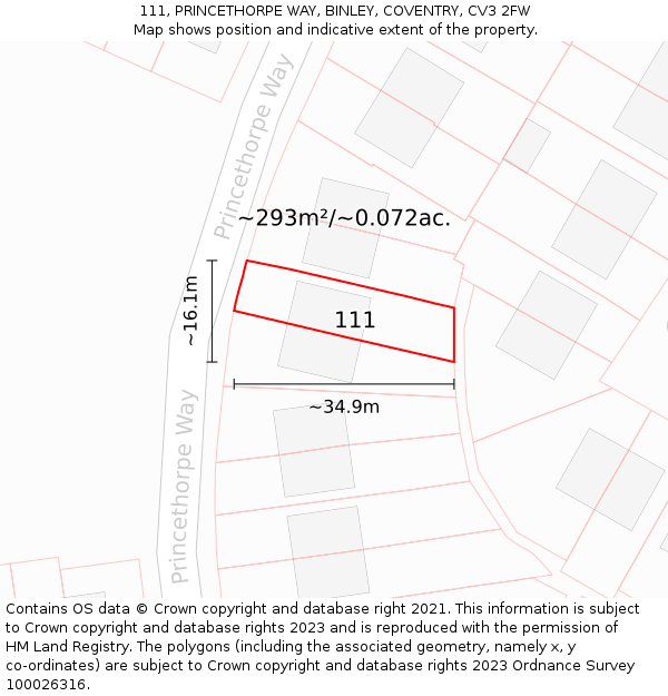111, PRINCETHORPE WAY, BINLEY, COVENTRY, CV3 2FW: Plot and title map