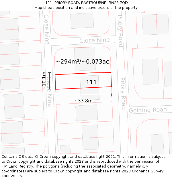 111, PRIORY ROAD, EASTBOURNE, BN23 7QD: Plot and title map