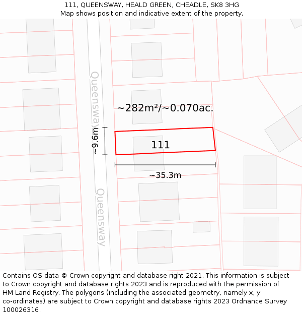 111, QUEENSWAY, HEALD GREEN, CHEADLE, SK8 3HG: Plot and title map