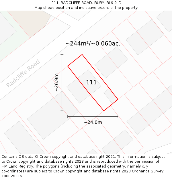 111, RADCLIFFE ROAD, BURY, BL9 9LD: Plot and title map