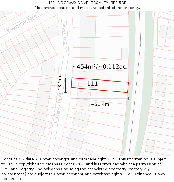 111, RIDGEWAY DRIVE, BROMLEY, BR1 5DB: Plot and title map