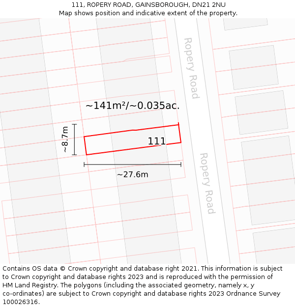 111, ROPERY ROAD, GAINSBOROUGH, DN21 2NU: Plot and title map