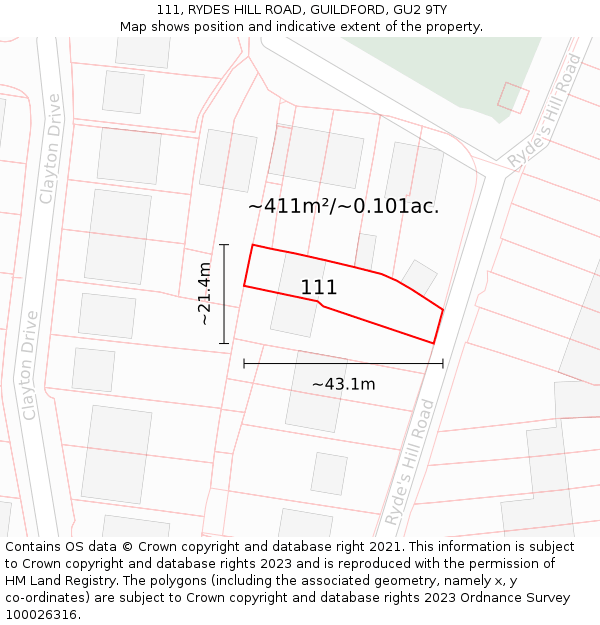 111, RYDES HILL ROAD, GUILDFORD, GU2 9TY: Plot and title map