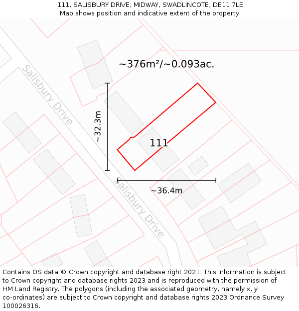111, SALISBURY DRIVE, MIDWAY, SWADLINCOTE, DE11 7LE: Plot and title map